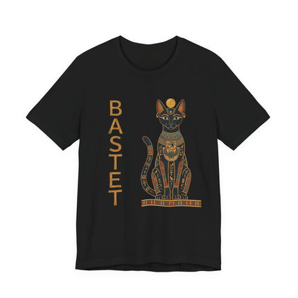 Egyptian Bastet cat goddess graphic tee featuring hieroglyphic art and the name BASTET on a black shirt.