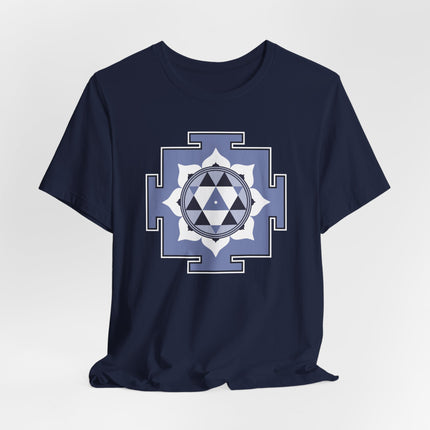 Durga Yantra sacred geometry mandala graphic on a navy blue spiritual t-shirt.
