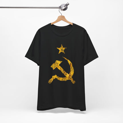 Grunge gold hammer and sickle star graphic on a black t-shirt.