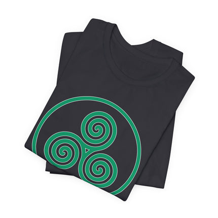 Green Celtic Triskele triple spiral knot design on a black graphic t-shirt.