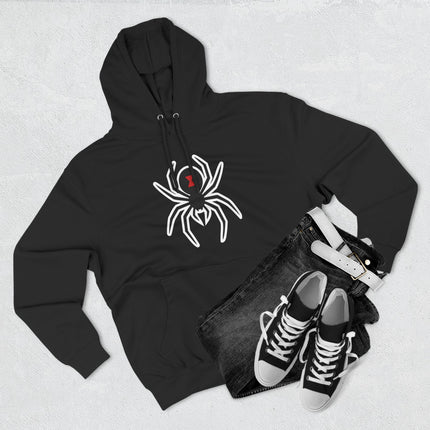 Stylized black widow spider graphic on a black gothic pullover hoodie.