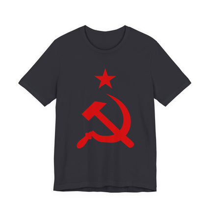 Red hammer and sickle communist symbol with star graphic on a black t-shirt.