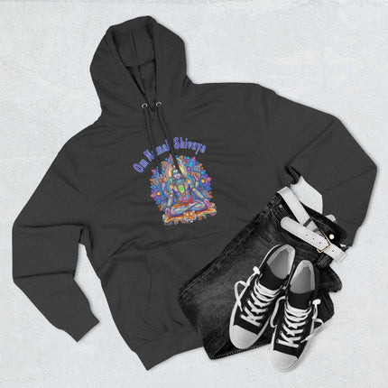 Spiritual Lord Shiva meditation graphic on a dark hoodie with Om Namah Shivaya text.
