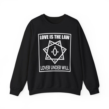 Black occult sweatshirt featuring "Love Is The Law" and "Lover Under Will" symbol graphic.