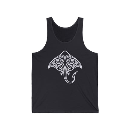 Polynesian tribal stingray graphic on a black tank top.