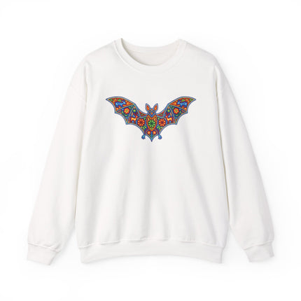 Vibrant Mexican folk art bat graphic on a white sweatshirt. Huichol style mandala design.