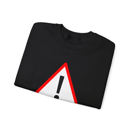 Danger warning sign sweatshirt featuring an exclamation mark graphic on black pullover.