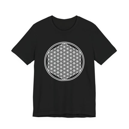 Flower of Life sacred geometry graphic tee on a black shirt.