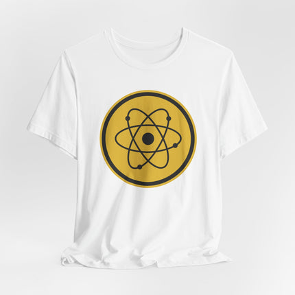 Atomic symbol graphic on a white t-shirt, representing science, physics, and chemistry concepts.