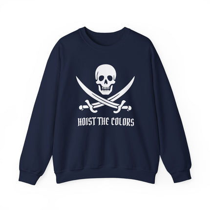 Pirate skull and crossed sabers graphic on a navy sweatshirt with "Hoist the Colors" text.