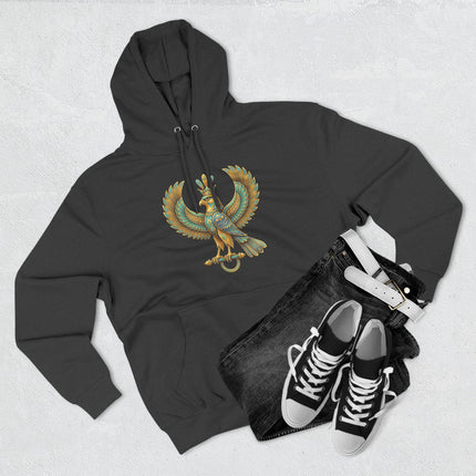 Golden Shahbaz falcon graphic on a black hoodie, symbolizing Persian mythology and divine power.