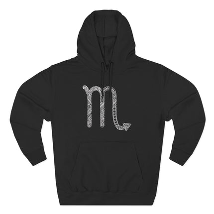 Tribal Scorpio zodiac symbol on a black astrology hoodie.