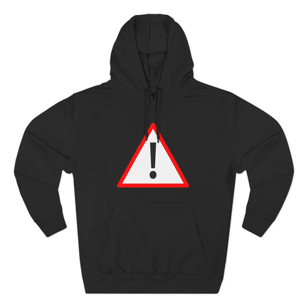 Black hoodie featuring a red triangular warning sign with an exclamation mark graphic.