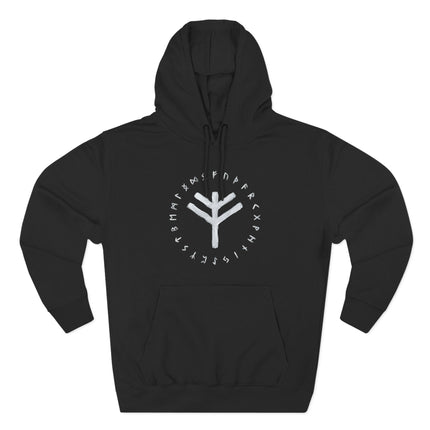 Black hoodie featuring the Fehu rune and the complete Elder Futhark runic alphabet.