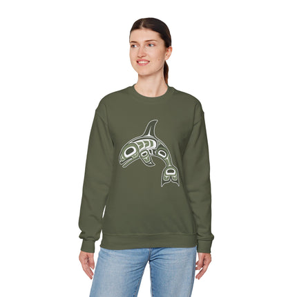 Indigenous Formline Art orca whale graphic on a pullover sweatshirt.