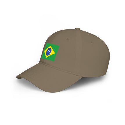 Brown baseball cap featuring the Brazilian flag design.
