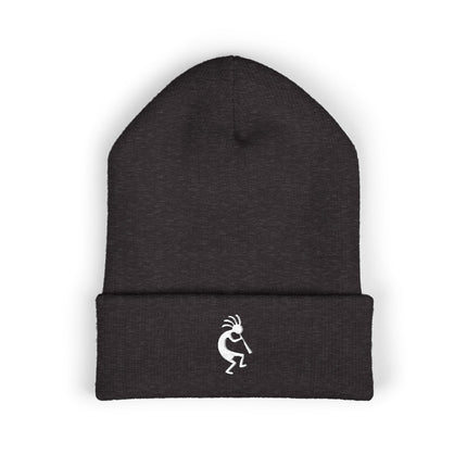 Kokopelli Embroidered Cuffed Beanie with White Flute-Player Silhouette