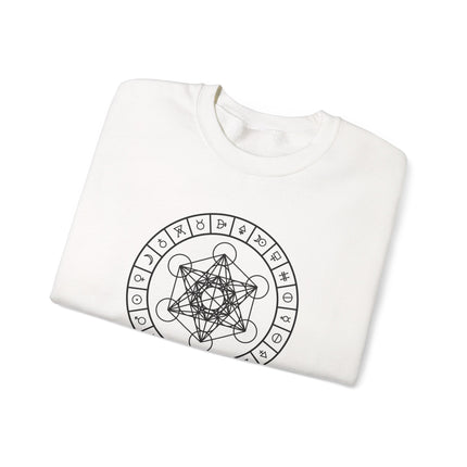 Metatron's Cube and alchemy symbol graphic print on unisex pullover sweatshirt.
