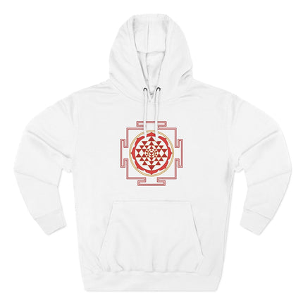 Sacred geometry Sri Yantra design on a white spiritual unisex hoodie.