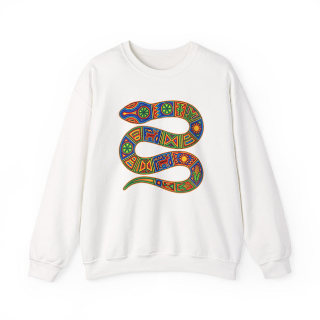 Huichol Snake Art Sweatshirt | Vibrant Indigenous Geometric Serpent Pullover Sweatshirt