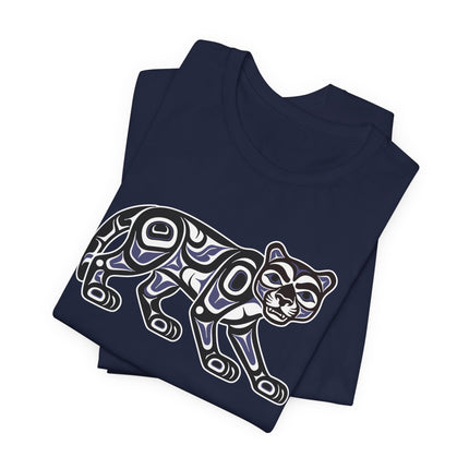 Formline art cougar graphic tee in Pacific Northwest Indigenous style.