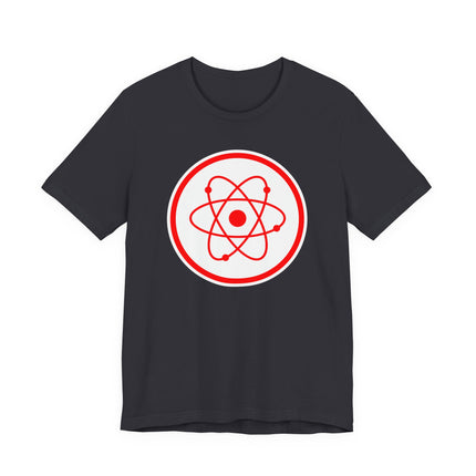 Red atomic symbol graphic on a dark science physics t-shirt for students and enthusiasts.