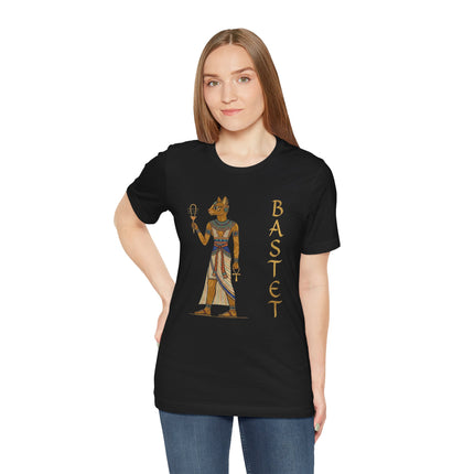 Black t-shirt featuring Egyptian goddess Bastet art, complete with ankh and sistrum symbols.