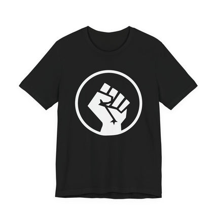Black t-shirt featuring a white raised fist symbol, representing solidarity, power, and resistance.