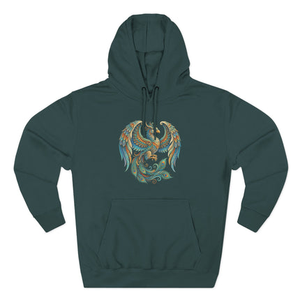 Vibrant Homa Bird phoenix graphic on a dark hoodie, inspired by Persian mythology.