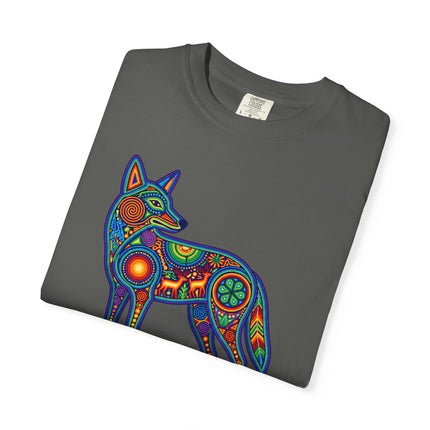 Huichol Coyote Art Tee - Colorful Indigenous Mexican Graphic T-Shirt