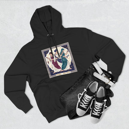 Moirai, the Greek Fates, goddesses of destiny, printed on a black hoodie.