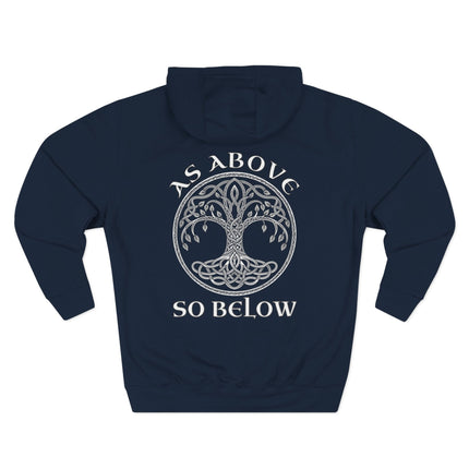 Celtic Tree of Life hoodie featuring "As Above So Below" knotwork design.