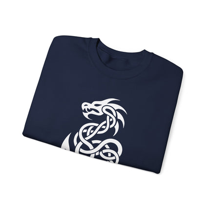 Celtic dragon knotwork design graphic featuring intertwined mythological patterns.