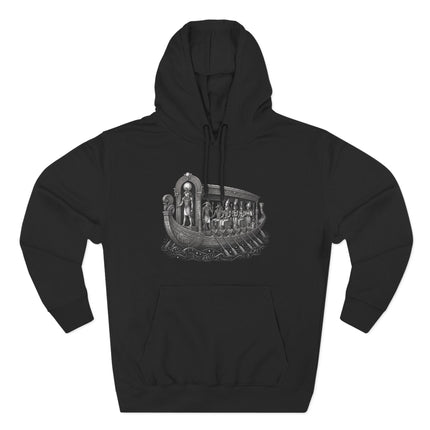 Egyptian solar barge graphic featuring Ra and ancient mythology on a black hoodie.