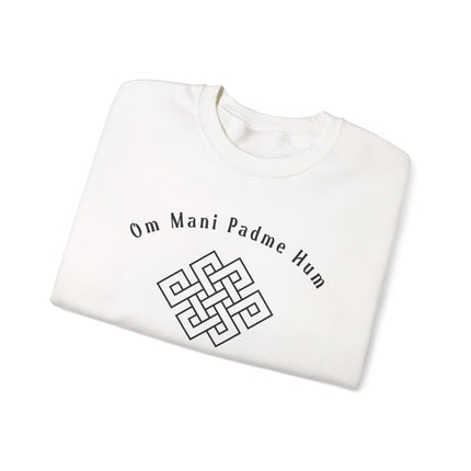 Om Mani Padme Hum mantra and endless knot design on a white spiritual pullover sweatshirt.
