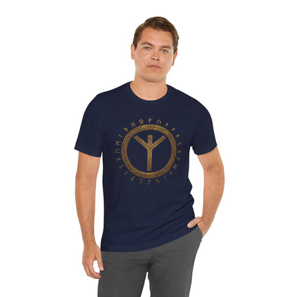 Norse mythology t-shirt featuring the Algiz Rune and Elder Futhark circle design.