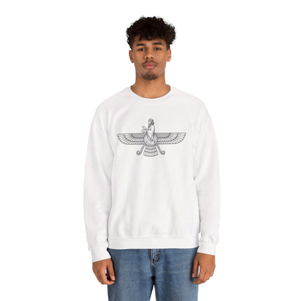 Faravahar winged symbol graphic on a white unisex sweatshirt.