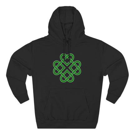 Celtic knot clover design in emerald green on a black pullover hoodie.
