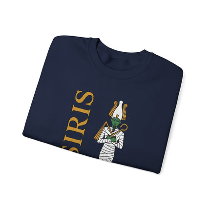 Osiris Egyptian God mummy print on a unisex pullover sweatshirt featuring ancient mythology art.