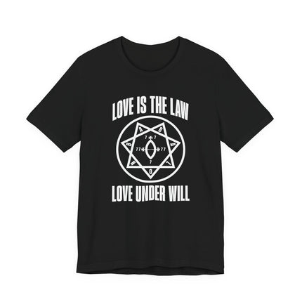 Love Is The Law Thelema t-shirt featuring occult star symbol and "Love Under Will.