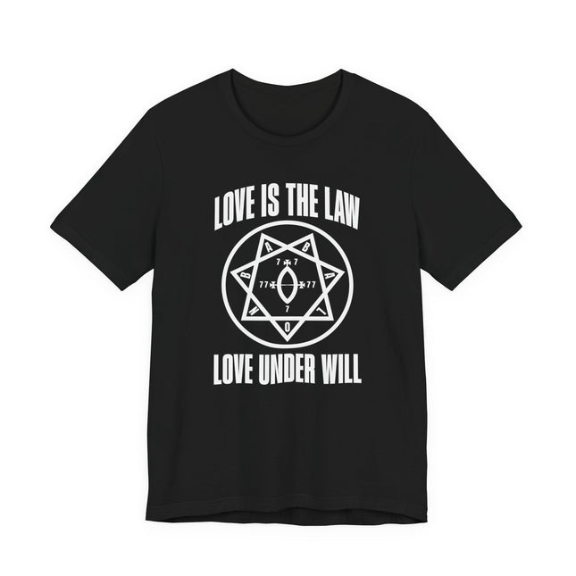 Love Is The Law Thelema t-shirt featuring occult star symbol and "Love Under Will.
