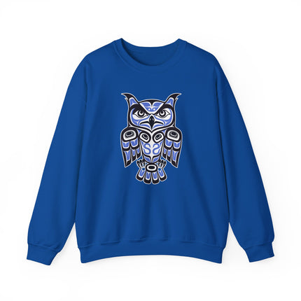 Indigenous Pacific Northwest owl formline art sweatshirt in red and black colors.