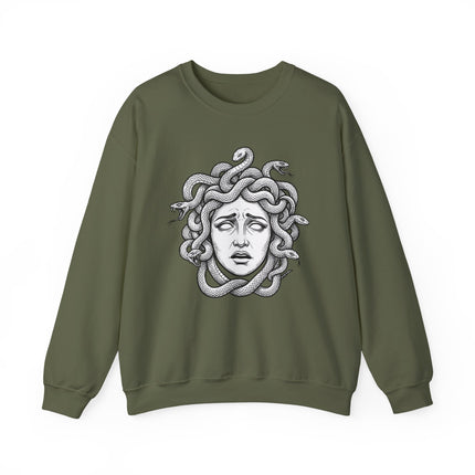 Medusa portrait graphic with snakes, representing Greek mythology and the Gorgon.