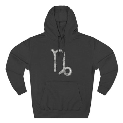 Ornate Capricorn zodiac symbol print on a black pullover hoodie. Astrology star sign apparel.