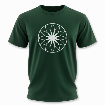 Dark green t-shirt featuring a white sacred geometry lotus of life mandala design.