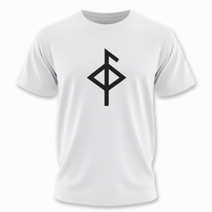 Minimalist black rune symbol on a white t-shirt, representing Norse protection and heritage.