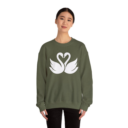 Minimalist swan heart graphic on an olive green pullover sweatshirt.