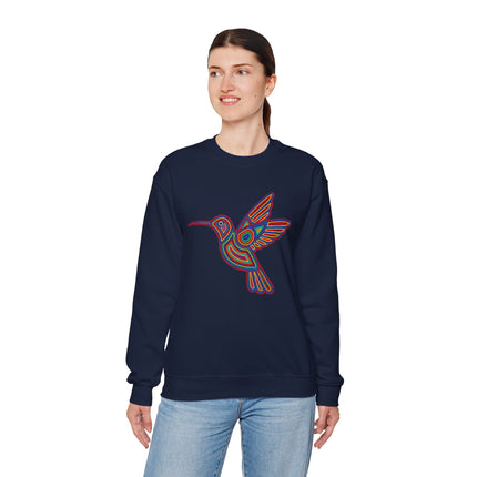 Vibrant geometric hummingbird graphic on a navy sweatshirt, featuring colorful indigenous Huichol-style art.