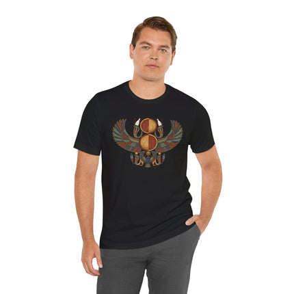Winged scarab and sun disk graphic tee featuring ancient Egyptian mythology art.