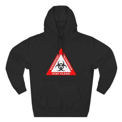 Black hoodie featuring a red biohazard warning sign graphic. Dangerous and hazardous caution design.